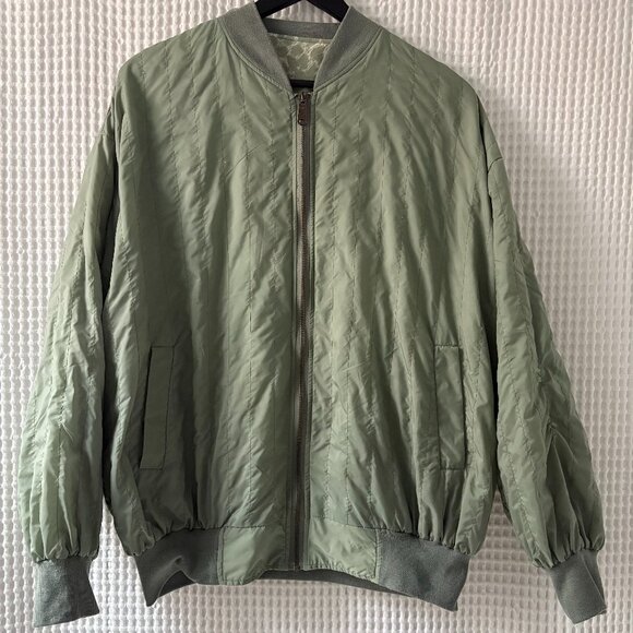 Vtg Donna Toran reversible silk bomber jacket sage green white women's large - Picture 2 of 7